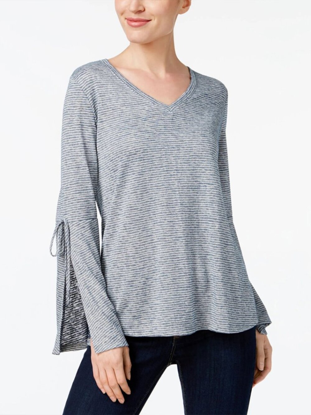 Style & Co Blue Stripe Tie Sleeve Top M,  NWT